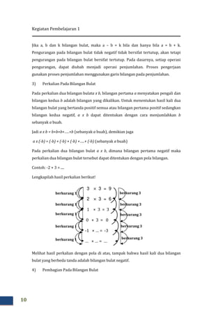Kegiatan Pembelajaran 1
10
Jika a, b dan k bilangan bulat, maka a – b = k bila dan hanya bila a = b + k.
Pengurangan pada bilangan bulat tidak negatif tidak bersifat tertutup, akan tetapi
pengurangan pada bilangan bulat bersifat tertutup. Pada dasarnya, setiap operasi
pengurangan, dapat diubah menjadi operasi penjumlahan. Proses pengerjaan
gunakan proses penjumlahan menggunakan garis bilangan pada penjumlahan.
3) Perkalian Pada Bilangan Bulat
Pada perkalian dua bilangan bulata x b, bilangan pertama a menyatakan pengali dan
bilangan kedua b adalah bilangan yang dikalikan. Untuk menentukan hasil kali dua
bilangan bulat yang bertanda positif semua atau bilangan pertama positif sedangkan
bilangan kedua negatif, a x b dapat ditentukan dengan cara menjumlahkan b
sebanyak a buah.
Jadi a x b = b+b+b+…..+b (sebanyak a buah), demikian juga
a x (-b) = (-b) + (-b) + (-b) +…..+ (-b) (sebanyak a buah)
Pada perkalian dua bilangan bulat a x b, dimana bilangan pertama negatif maka
perkalian dua bilangan bulat tersebut dapat ditentukan dengan pola bilangan.
Contoh: -2 × 3 = ....
Lengkapilah hasil perkalian berikut!
Melihat hasil perkalian dengan pola di atas, tampak bahwa hasil kali dua bilangan
bulat yang berbeda tanda adalah bilangan bulat negatif.
4) Pembagian Pada Bilangan Bulat
3 × 3 = 9
2 × 3 = 6
1 × 3 = 3
0 × 3 = 0
-1 × … = -3
… × … = …
berkurang 3
berkurang 3
berkurang 3
berkurang 3
berkurang 1
berkurang 3
berkurang 1
berkurang 1
berkurang 1
berkurang 1
 