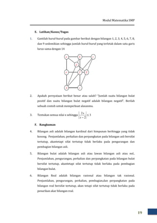 Modul Matematika SMP
19
E. Latihan/Kasus/Tugas
1. Gantilah huruf-huruf pada gambar berikut dengan bilangan 1, 2, 3, 4, 5, 6, 7, 8,
dan 9 sedemikian sehingga jumlah huruf-huruf yang terletak dalam satu garis
lurus sama dengan 14
2. Apakah pernyataan berikut benar atau salah? “Jumlah suatu bilangan bulat
positif dan suatu bilangan bulat negatif adalah bilangan negatif”. Berilah
sebuah contoh untuk memperkuat alasanmu.
3. Tentukan semua nilai x sehingga 3
2
2
≤
−x
x
F. Rangkuman
4. Bilangan asli adalah bilangan kardinal dari himpunan berhingga yang tidak
kosong. Penjumlahan, perkalian dan perpangkatan pada bilangan asli bersifat
tertutup, akantetapi sifat tertutup tidak berlaku pada pengurangan dan
pembagian bilangan asli.
5. Bilangan bulat adalah bilangan asli atau lawan bilangan asli atau nol..
Penjumlahan, pengurangan, perkalian dan perpangkatan pada bilangan bulat
bersifat tertutup, akantetapi sifat tertutup tidak berlaku pada pembagian
bilangan bulat.
6. Bilangan Real adalah bilangan rasional atau bilangan tak rasional.
Penjumlahan, pengurangan, perkalian, pembagian,dan perpangkatan pada
bilangan real bersifat tertutup, akan tetapi sifat tertutup tidak berlaku pada
penarikan akar bilangan real.
 