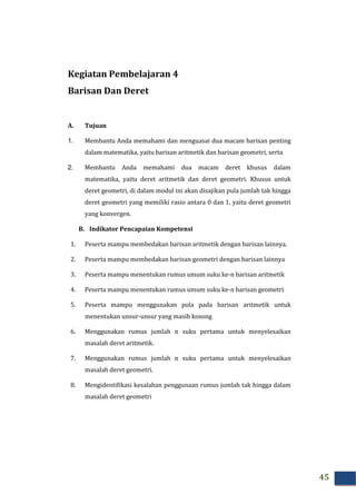 45
Kegiatan Pembelajaran 4
Barisan Dan Deret
A. Tujuan
1. Membantu Anda memahami dan menguasai dua macam barisan penting
dalam matematika, yaitu barisan aritmetik dan barisan geometri, serta
2. Membantu Anda memahami dua macam deret khusus dalam
matematika, yaitu deret aritmetik dan deret geometri. Khusus untuk
deret geometri, di dalam modul ini akan disajikan pula jumlah tak hingga
deret geometri yang memiliki rasio antara 0 dan 1, yaitu deret geometri
yang konvergen.
B. Indikator Pencapaian Kompetensi
1. Peserta mampu membedakan barisan aritmetik dengan barisan lainnya.
2. Peserta mampu membedakan barisan geometri dengan barisan lainnya
3. Peserta mampu menentukan rumus umum suku ke-n barisan aritmetik
4. Peserta mampu menentukan rumus umum suku ke-n barisan geometri
5. Peserta mampu menggunakan pola pada barisan aritmetik untuk
menentukan unsur-unsur yang masih kosong
6. Menggunakan rumus jumlah ݊ suku pertama untuk menyelesaikan
masalah deret aritmetik.
7. Menggunakan rumus jumlah ݊ suku pertama untuk menyelesaikan
masalah deret geometri.
8. Mengidentifikasi kesalahan penggunaan rumus jumlah tak hingga dalam
masalah deret geometri
 