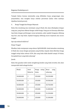 Kegiatan Pembelajaran 6
78
Tampak bahwa konsep matematika yang dilibatkan hanya pengurangan atau
penjumlahan, atau mungkin hanya sekedar persentase (kalau rabat nantinya
dijadikan bentuk persen).
6. Bunga Tunggal dan Bungan Majemuk
Kalau kita menabung atau meminjam uang di Bank, kita akan dihadapkan dengan
uang jasa, yang biasa dikenal dengan istilah bunga. Uang jasa ini biasanya diberikan
tiap bulan dengan perhitungan sesuai perjanjian, yakni apakah bunganya dihitung
tiap hari, atau tiap bulan. Apakah bunganya dihitung secara majemuk atau secara
tunggal.
Apa saja maksud istilah itu?
Bunga Tunggal
Misalkan Anda mempunyai uang sebesar Rp50.000.000. Anda kemudian menabung
di Bank dan sesuai dengan perjanjian yang berlaku, kepada Anda diberikan bunga
tunggal setiap bulan sebesar 0,5%. Jika uang Anda tidak diambil sampai 10 bulan,
berapakah besar uang Anda sekarang?
Jawab:
Kalau kita gunakan tabel untuk menghitung kondisi uang Anda tersebut, kita akan
memperoleh tabel sebagai berikut
Modal Awal
Bulan ke
Bunga setiap
bulan
Besar uang
sekarang
50.000.000 2 250.000 50.250.000
50.000.000 3 250.000 50.500.000
50.000.000 4 250.000 50.750.000
50.000.000 5 250.000 51.000.000
50.000.000 6 250.000 51.250.000
50.000.000 7 250.000 51.500.000
 