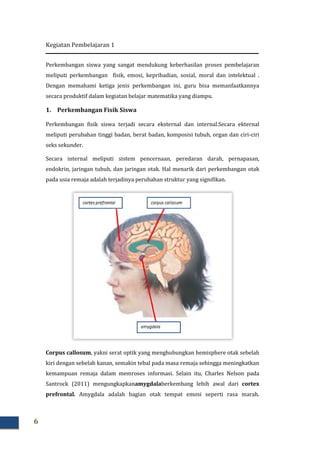 Kegiatan Pembelajaran 1
6
Perkembangan siswa yang sangat mendukung keberhasilan proses pembelajaran
meliputi perkembangan fisik, emosi, kepribadian, sosial, moral dan intelektual .
Dengan memahami ketiga jenis perkembangan ini, guru bisa memanfaatkannya
secara produktif dalam kegiatan belajar matematika yang diampu.
1. Perkembangan Fisik Siswa
Perkembangan fisik siswa terjadi secara eksternal dan internal.Secara ekternal
meliputi perubahan tinggi badan, berat badan, komposisi tubuh, organ dan ciri-ciri
seks sekunder.
Secara internal meliputi sistem pencernaan, peredaran darah, pernapasan,
endokrin, jaringan tubuh, dan jaringan otak. Hal menarik dari perkembangan otak
pada usia remaja adalah terjadinya perubahan struktur yang signifikan.
Corpus callosum, yakni serat optik yang menghubungkan hemisphere otak sebelah
kiri dengan sebelah kanan, semakin tebal pada masa remaja sehingga meningkatkan
kemampuan remaja dalam memroses informasi. Selain itu, Charles Nelson pada
Santrock (2011) mengungkapkanamygdalaberkembang lebih awal dari cortex
prefrontal. Amygdala adalah bagian otak tempat emosi seperti rasa marah.
 