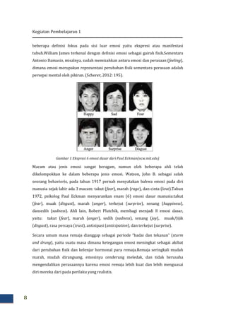 Kegiatan Pembelajaran 1
8
beberapa definisi fokus pada sisi luar emosi yaitu ekspresi atau manifestasi
tubuh.William James terkenal dengan definisi emosi sebagai gairah fisik.Sementara
Antonio Damasio, misalnya, sudah memisahkan antara emosi dan perasaan (feeling),
dimana emosi merupakan representasi perubahan fisik sementara perasaan adalah
persepsi mental oleh pikiran. (Scherer, 2012: 195).
Gambar 1 Ekspresi 6 emosi dasar dari Paul Eckman(ocw.mit.edu)
Macam atau jenis emosi sangat beragam, namun oleh beberapa ahli telah
dikelompokkan ke dalam beberapa jenis emosi. Watson, John B. sebagai salah
seorang behavioris, pada tahun 1917 pernah menyatakan bahwa emosi pada diri
manusia sejak lahir ada 3 macam: takut (fear), marah (rage), dan cinta (love).Tahun
1972, psikolog Paul Eckman menyarankan enam (6) emosi dasar manusia:takut
(fear), muak (disgust), marah (anger), terkejut (surprise), senang (happiness),
dansedih (sadness). Ahli lain, Robert Plutchik, membagi menjadi 8 emosi dasar,
yaitu: takut (fear), marah (anger), sedih (sadness), senang (joy), muak/Jijik
(disgust), rasa percaya (trust), antisipasi (anticipation), dan terkejut (surprise).
Secara umum masa remaja dianggap sebagai periode “badai dan tekanan” (sturm
and drung), yaitu suatu masa dimana ketegangan emosi meningkat sebagai akibat
dari perubahan fisik dan kelenjar hormonal para remaja.Remaja seringkali mudah
marah, mudah dirangsang, emosinya cenderung meledak, dan tidak berusaha
mengendalikan perasaannya karena emosi remaja lebih kuat dan lebih menguasai
diri mereka dari pada perilaku yang realistis.
 