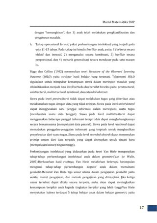 Modul Matematika SMP
17
dengan “kemungkinan”, dan 3) anak telah melakukan pengklasifikasian dan
pengaturan masalah.
b. Tahap operasional formal, yakni perkembangan intelektual yang terjadi pada
usia 11-15 tahun. Pada tahap ini kondisi berfikir anak, yaitu: 1) bekerja secara
efektif dan inovatif, 2) menganalisi secara kombinasi, 3) berfikir secara
proporsional, dan 4) menarik generalisasi secara mendasar pada satu macam
isi.
Biggs dan Collins (1982) menemukan teori Structure of the Observed Learning
Outcome (SOLO) yaitu struktur hasil belajar yang teramati. Taksonomi SOLO
digunakan untuk mengukur kemampuan siswa dalam merespon masalah yang
diklasifikasikan menjadi lima level berbeda dan bersifat hirarkis yaitu: prestructural,
unistructural, multistructural, relational, dan extended-abstract.
Siswa pada level prestruktural tidak dapat melakukan tugas yang diberikan atau
melaksanakan tugas dengan data yang tidak relevan. Siswa pada level unistruktural
dapat menggunakan satu penggal informasi dalam merespons suatu tugas
(membentuk suatu data tunggal). Siswa pada level multistruktural dapat
menggunakan beberapa penggal informasi tetapi tidak dapat menghubungkannya
secara bersamasama (mempelajari data pararel). Siswa pada level relational dapat
memadukan penggalan-penggalan informasi yang terpisah untuk menghasilkan
penyelesaian dari suatu tugas. Siswa pada level extended abstrak dapat menemukan
prinsip umum dari data terpadu yang dapat diterapkan untuk situasi baru
(mempelajari konsep tingkat tinggi).
Perkembangan intelektual yang didasarkan pada teori Van Hiele menguraikan
tahap-tahap perkembangan intelektual anak dalam geometri(Van de Walle,
2007).Berdasarkan hasil risetnya, Van Hiele melahirkan beberapa kesimpulan
mengenai tahap-tahap perkembangan kognitif anak dalam memahami
geometri.Menurut Van Hiele tiga unsur utama dalam pengajaran geometri yaitu
waktu, materi pengajaran, dan metode pengajaran yang diterapkan. Jika ketiga
unsur tersebut dapat ditata secara terpadu, maka akan dapat meningkatkan
kemampuan berpikir anak kepada tingkatan berpikir yang lebih tinggi.Van Hiele
menyatakan bahwa terdapat 5 tahap belajar anak dalam belajar geometri, yaitu
 