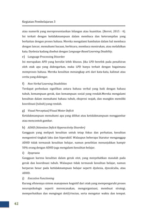Kegiatan Pembelajaran 3
42
atau numerik yang merepresentasikan bilangan atau kuantitas. (Berret, 2015 : 4).
Ini terkait dengan ketidakmampuan dalam membaca dan keterampilan yang
berkaitan dengan proses bahasa. Mereka mengalami hambatan dalam hal membaca
dengan lancar, memahami bacaan, berbicara, membaca menirukan, atau melafalkan
kata. Dyslexia kadang disebut dengan Language-Based Learning Disability.
e) Language Processing Disorder
Ini merupakan APD yang bersifat lebih khusus. Jika LPD berefek pada penafsiran
oleh otak apa yang didengarkan, maka LPD hanya terkait dengan bagaimana
memproses bahasa. Mereka kesulitan menangkap arti dari kata-kata, kalimat atau
cerita yang didengar.
f) Non-Verbal Learning Disabilities
Terdapat perbedaan signifikan antara bahasa verbal yang baik dengan bahasa
tubuh, kemampuan gerak, dan kemampuan sosial yang rendah.Mereka mengalami
kesulitan dalam memahami bahasa tubuh, ekspresi wajah, dan mungkin memiliki
koordinasi (tubuh) yang rendah.
g) Visual Perceptual/Visual Motor Deficit
Ketidakmampuan memahami apa yang dilihat atau ketidakmampuan menggambar
atau mencontoh gambar.
h) ADHD (Attention Deficit Hyperactivity Disorder)
Gangguan yang meliputi kesulitan untuk tetap fokus dan perhatian, kesulitan
mengontrol tingkah laku dan hiperaktif. Walaupun beberapa litaratur menganggap
ADHD tidak termasuk kesulitan belajar, namun penelitian menunjukkan hampir
50% orang dengan ADHD juga mengalami kesulitan belajar.
i) Dyspraxia
Gangguan karena kesulitan dalam gerak otot, yang menyebabkan masalah pada
gerak dan koordinasi tubuh. Walaupun tidak termasuk kesulitan belajar, namun
berperan besar pada ketidakmampuan belajar seperti dyslexia, dyscalculia, atau
ADHD.
j) Executive Functioning
Kurang efisiennya sistem manajemen kognitif dari otak yang mempengaruhi proses
neuropsikologis seperti merencanakan, mengorganisasi, membuat strategi,
memperhatikan dan mengingat detil/rincian, serta mengatur waktu dan tempat.
 