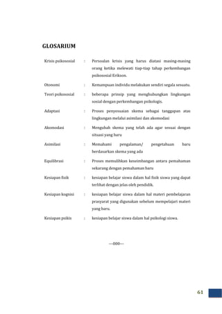 61
GLOSARIUM
Krisis psikososial : Persoalan krisis yang harus diatasi masing-masing
orang ketika melewati tiap-tiap tahap perkembangan
psikososial Erikson.
Otonomi : Kemampuan individu melakukan sendiri segala sesuatu.
Teori psikososial : beberapa prinsip yang menghubungkan lingkungan
sosial dengan perkembangan psikologis.
Adaptasi : Proses penyesuaian skema sebagai tanggapan atas
lingkungan melalui asimilasi dan akomodasi
Akomodasi : Mengubah skema yang telah ada agar sesuai dengan
situasi yang baru
Asimilasi : Memahami pengalaman/ pengetahuan baru
berdasarkan skema yang ada
Equilibrasi : Proses memulihkan keseimbangan antara pemahaman
sekarang dengan pemahaman baru
Kesiapan fisik : kesiapan belajar siswa dalam hal fisik siswa yang dapat
terlihat dengan jelas oleh pendidik.
Kesiapan kognisi : kesiapan belajar siswa dalam hal materi pembelajaran
prasyarat yang digunakan sebelum mempelajari materi
yang baru.
Kesiapan psikis : kesiapan belajar siswa dalam hal psikologi siswa.
---000---
 