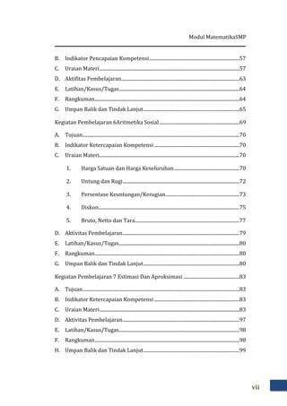 Modul MatematikaSMP
vii
B. Indikator Pencapaian Kompetensi..........................................................................57
C. Uraian Materi...................................................................................................................57
D. Aktifitas Pembelajaran.................................................................................................63
E. Latihan/Kasus/Tugas...................................................................................................64
F. Rangkuman.......................................................................................................................64
G. Umpan Balik dan Tindak Lanjut...............................................................................65
Kegiatan Pembelajaran 6Aritmetika Sosial..................................................................69
A. Tujuan.................................................................................................................................70
B. Indikator Ketercapaian Kompetensi ......................................................................70
C. Uraian Materi...................................................................................................................70
1. Harga Satuan dan Harga Keseluruhan......................................................70
2. Untung dan Rugi................................................................................................72
3. Persentase Keuntungan/Kerugian.............................................................73
4. Diskon....................................................................................................................75
5. Bruto, Netto dan Tara......................................................................................77
D. Aktivitas Pembelajaran................................................................................................79
E. Latihan/Kasus/Tugas...................................................................................................80
F. Rangkuman.......................................................................................................................80
G. Umpan Balik dan Tindak Lanjut...............................................................................80
Kegiatan Pembelajaran 7 Estimasi Dan Aproksimasi ..............................................83
A. Tujuan.................................................................................................................................83
B. Indikator Ketercapaian Kompetensi ......................................................................83
C. Uraian Materi...................................................................................................................83
D. Aktivitas Pembelajaran................................................................................................97
E. Latihan/Kasus/Tugas...................................................................................................98
F. Rangkuman.......................................................................................................................98
H. Umpan Balik dan Tindak Lanjut...............................................................................99
 