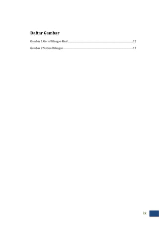 ix
Daftar Gambar
Gambar 1.Garis Bilangan Real...........................................................................................................12
Gambar 2.Sistem Bilangan..................................................................................................................17
 