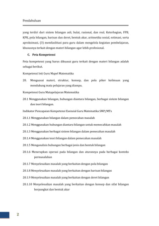 Pendahuluan
2
yang terdiri dari sistem bilangan asli, bulat, rasional, dan real, Keterbagian, FPB,
KPK, pola bilangan, barisan dan deret, bentuk akar, aritmetika sosial, estimasi, serta
aproksimasi, (3) memfasilitasi para guru dalam mengelola kegiatan pembelajaran,
khususnya terkait dengan materi bilangan agar lebih profesional.
C. Peta Kompetensi
Peta kompetensi yang harus dikuasai guru terkait dengan materi bilangan adalah
sebagai berikut.
Kompetensi Inti Guru Mapel Matematika
20. Menguasai materi, struktur, konsep, dan pola piker keilmuan yang
mendukung mata pelajaran yang diampu.
Kompetensi Guru Matapelajaran Matematika
20.1 Menggunakan bilangan, hubungan diantara bilangan, berbagai sistem bilangan
dan teori bilangan.
Indikator Pencapaian Kompetensi Esensial Guru Matematika SMP/MTs
20.1.1 Menggunakan bilangan dalam pemecahan masalah
20.1.2 Menggunakan hubungan diantara bilangan untuk memecahkan masalah
20.1.3 Menggunakan berbagai sistem bilangan dalam pemecahan masalah
20.1.4 Menggunakan teori bilangan dalam pemecahan masalah
20.1.5 Menganalisis hubungan berbagai jenis dan bentuk bilangan
20.1.6 Menerapkan operasi pada bilangan dan aturannya pada berbagai konteks
permasalahan
20.1.7 Menyelesaikan masalah yang berkaitan dengan pola bilangan
20.1.8 Menyelesaikan masalah yang berkaitan dengan barisan bilangan
20.1.9 Menyelesaikan masalah yang berkaitan dengan deret bilangan
20.1.10 Menyelesaikan masalah yang berkaitan dengan konsep dan sifat bilangan
berpangkat dan bentuk akar
 