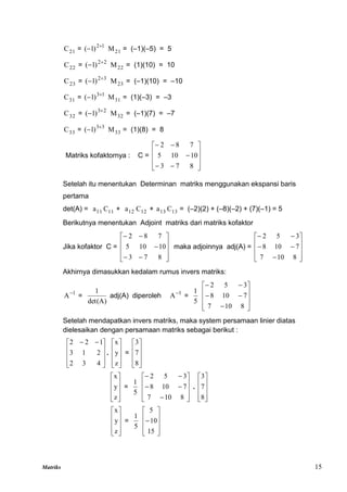 Matriks 15
21
C = 1
2
)
1
( 
 21
M = (–1)(–5) = 5
22
C = 2
2
)
1
( 
 22
M = (1)(10) = 10
23
C = 3
2
)
1
( 
 23
M = (–1)(10) = –10
31
C = 1
3
)
1
( 
 31
M = (1)(–3) = –3
32
C = 2
3
)
1
( 
 32
M = (–1)(7) = –7
33
C = 3
3
)
1
( 
 33
M = (1)(8) = 8
Matriks kofaktornya : C =















8
7
3
10
10
5
7
8
2
Setelah itu menentukan Determinan matriks menggunakan ekspansi baris
pertama
det(A) = 11
a 11
C + 12
a 12
C + 13
a 13
C = (–2)(2) + (–8)(–2) + (7)(–1) = 5
Berikutnya menentukan Adjoint matriks dari matriks kofaktor
Jika kofaktor C =















8
7
3
10
10
5
7
8
2
maka adjoinnya adj(A) =















8
10
7
7
10
8
3
5
2
Akhirnya dimasukkan kedalam rumus invers matriks:
1
A
=
det(A)
1
adj(A) diperoleh 1
A
=
5
1















8
10
7
7
10
8
3
5
2
Setelah mendapatkan invers matriks, maka system persamaan linier diatas
dielesaikan dengan persamaan matriks sebagai berikut :









 

4
3
2
2
1
3
1
2
2
.










z
y
x
=










8
7
3










z
y
x
=
5
1















8
10
7
7
10
8
3
5
2
.










8
7
3










z
y
x
=
5
1











15
10
5
 
