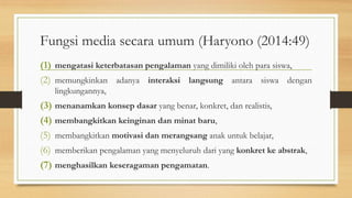 Fungsi media secara umum (Haryono (2014:49)
(1) mengatasi keterbatasan pengalaman yang dimiliki oleh para siswa,
(2) memungkinkan adanya interaksi langsung antara siswa dengan
lingkungannya,
(3) menanamkan konsep dasar yang benar, konkret, dan realistis,
(4) membangkitkan keinginan dan minat baru,
(5) membangkitkan motivasi dan merangsang anak untuk belajar,
(6) memberikan pengalaman yang menyeluruh dari yang konkret ke abstrak,
(7) menghasilkan keseragaman pengamatan.
 