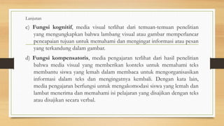 c) Fungsi kognitif, media visual terlihat dari temuan-temuan penelitian
yang mengungkapkan bahwa lambang visual atau gambar memperlancar
pencapaian tujuan untuk memahami dan mengingat informasi atau pesan
yang terkandung dalam gambar.
d) Fungsi kompensatoris, media pengajaran terlihat dari hasil penelitian
bahwa media visual yang memberikan konteks untuk memahami teks
membantu siswa yang lemah dalam membaca untuk mengorganisasikan
informasi dalam teks dan mengingatnya kembali. Dengan kata lain,
media pengajaran berfungsi untuk mengakomodasi siswa yang lemah dan
lambat menerima dan memahami isi pelajaran yang disajikan dengan teks
atau disajikan secara verbal.
Lanjutan
 
