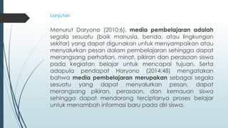 Menurut Daryono (2010:6), media pembelajaran adalah
segala sesuatu (baik manusia, benda, atau lingkungan
sekitar) yang dapat digunakan untuk menyampaikan atau
menyalurkan pesan dalam pembelajaran sehingga dapat
merangsang perhatian, minat, pikiran dan perasaan siswa
pada kegiatan belajar untuk mencapai tujuan. Serta
adapula pendapat Haryono (2014:48) mengatakan
bahwa media pembelajaran merupakan sebagai segala
sesuatu yang dapat menyalurkan pesan, dapat
merangsang pikiran, perasaan, dan kemauan siswa
sehingga dapat mendorong terciptanya proses belajar
untuk menambah informasi baru pada diri siswa.
Lanjutan
 