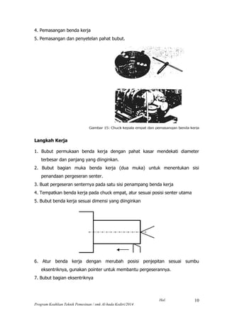 Hal.
Program Keahlian Teknik Pemesinan / smk Al-huda Kediri/2014
10
4. Pemasangan benda kerja
5. Pemasangan dan penyetelan pahat bubut.
Langkah Kerja
1. Bubut permukaan benda kerja dengan pahat kasar mendekati diameter
terbesar dan panjang yang diinginkan.
2. Bubut bagian muka benda kerja (dua muka) untuk menentukan sisi
penandaan pergeseran senter.
3. Buat pergeseran senternya pada satu sisi penampang benda kerja
4. Tempatkan benda kerja pada chuck empat, atur sesuai posisi senter utama
5. Bubut benda kerja sesuai dimensi yang diinginkan
6. Atur benda kerja dengan merubah posisi penjepitan sesuai sumbu
eksentriknya, gunakan pointer untuk membantu pergeserannya.
7. Bubut bagian eksentriknya
 