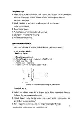 Hal.
Program Keahlian Teknik Pemesinan / smk Al-huda Kediri/2014
8
Langkah Kerja
1. Bubut bagian muka benda kerja untuk menentukan titik awal kemiringan -Bubut
diameter luar sampai dengan ukuran diameter terbesar yang diinginkan,
gunakan pahat kasar
2. Rubah posisi pahat atau posisi kepala lepas untuk menentukan
sudut kemiringannya
3. Bubut bagian tirusnya
4. Periksa kebenaran sisi dan sudut ketirusannya
5. Ganti pahat dengan pahat finishing.
6. Periksa hasil ketirusannya.
3) Membubut Eksentrik
Membubut eksentrik tirus dapat dilaksanakan dengan beberapa cara,
Pergeseran senter
Kerja persiapan,
1). Tentukan putaran mesin
2). Persiapkan pahat kasar, muka, dan pahat finishing
3). Kotak kunci (tool box)
4). Pemasangan benda kerja
5). Pemasangan dan penyetelan pahat bubut.
Langkah Kerja
1. Bubut permukaan benda kerja dengan pahat kasar mendekati diameter
terbesar dan panjang yang diinginkan.
2. Bubut bagian muka benda kerja (dua muka) untuk menentukan sisi
penandaan pergeseran senter.
3. Buat pergeseran senternya pada dua sisi penampang benda kerja
 