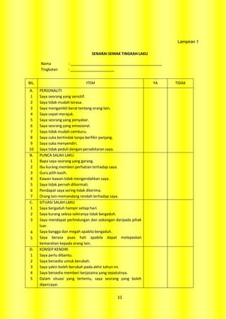 Lampiran 1

                                  SENARAI SEMAK TINGKAH LAKU

       Nama           : ____________________________________________
       Tingkatan      : _____________________


BIL.                           ITEM                             YA     TIDAK
A.     PERSONALITI
 1     Saya seorang yang sensitif.
 2     Saya tidak mudah terasa.
 3     Saya mengambil berat tentang orang lain.
 4     Saya cepat merajuk.
 5     Saya seorang yang penyabar.
 6     Saya seorang yang emosional.
 7     Saya tidak mudah cemburu.
 8     Saya suka bertindak tanpa berfikir panjang.
 9     Saya suka menyendiri.
10     Saya tidak peduli dengan persekitaran saya.
B.     PUNCA SALAH LAKU
 1     Bapa saya seorang yang garang.
 2     Ibu kurang memberi perhatian terhadap saya.
 3     Guru pilih kasih.
 4     Kawan-kawan tidak mengendahkan saya.
 5     Saya tidak pernah dihormati.
 6     Pendapat saya sering tidak diterima.
 7     Orang lain memandang rendah terhadap saya.
C.     SITUASI SALAH LAKU
 1     Saya bergaduh hampir setiap hari.
 2     Saya kurang selesa sekiranya tidak bergaduh.
 3     Saya mendapat perlindungan dan sokongan daripada pihak
       luar.
 4     Saya bangga dan megah apabila bergaduh.
 5     Saya berasa puas hati apabila dapat melepaskan
       kemarahan kepada orang lain.
D.     KONSEP KENDIRI
1      Saya perlu dibantu.
2      Saya bersedia untuk berubah.
3      Saya yakin boleh berubah pada akhir tahun ini.
4      Saya bersedia memberi kerjasama yang sepatutnya.
5      Dalam situasi yang tertentu, saya seorang yang boleh
       dipercayai.


                                                11
 