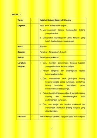 MODUL 3

    Tajuk      :   Ketahui Bidang Kerjaya Pilihanku

    Objektif   :   Pada akhir aktiviti murid dapat:

                   1. Menyenaraikan       kerjaya     berdasarkan     bidang
                         yang diketahui..

                   2. Mengetahui kepelbagaian jenis kerjaya yang
                         boleh diceburi pada masa depan

    Masa       :   40 minit

    Sasaran    :   Peralihan, Tingkatan 1,2 dan 3

    Bahan      :   Pensil/pen dan kertas

    Langkah-   :   1. Guru memberi penerangan tentang tugasan
    langkah              yang perlu dibuat kepada pelajar.

                   1. Pelajar    bergerak    dan    dibahagikan       kepada
                         beberapa kumpulan.

                   2. Guru      memberikan    tajuk     jenis-jenis   bidang
                         kerjaya kepada setiap kumpulan. Contohnya
                         bidang       kesihatan,      pendidikan,     badan
                         beruniform dan sebagainya.

                   3. Pelajar berdiri dihadapan atau di tempat masing-
                         masing        dan     membentangkan            hasil
                         perbincangan kumpulan.

                   4. Guru dan pelajar lain bertukar maklumat dan
                         menambah maklumat bidang kerjaya yang
                         dibentangkan.

    Falsafah   :   Pilihan kerjaya penentu kejayaan pada masa depan.




                                 21
 