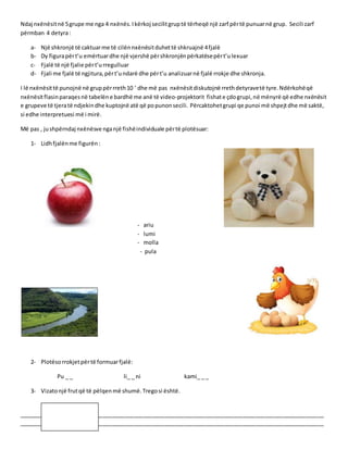 Ndaj nxënësitnë 5grupe me nga 4 nxënës.Ikërkoj secilitgruptë tërheqë një zarf përtë punuarnë grup. Secili zarf
përmban 4 detyra:
a- Një shkronjë të caktuarme të cilënnxënësitduhettë shkruajnë 4fjalë
b- Dy figurapërt’u emërtuardhe një vjershë përshkronjënpërkatësepërt’ulexuar
c- Fjalë të një fjalie përt’urregulluar
d- Fjali me fjalë të ngjitura,përt’undarë dhe përt’u analizuarnë fjalë rrokje dhe shkronja.
I lë nxënësittë punojnë në gruppërrreth10 ‘ dhe më pas nxënësitdiskutojnë rrethdetyravetë tyre.Ndërkohëqë
nxënësitflasinparaqesnë tabelëne bardhë me anë të video-projektorit fishate çdogrupi,në mënyrë që edhe nxënësit
e grupeve të tjeratë ndjekindhe kuptojnë atë që popunonsecili. Përcaktohetgrupi qe punoi më shpejtdhe më saktë,
si edhe interpretuesi më i mirë.
Më pas , jushpërndaj nxënësve nganjë fishëindividuale përtë plotësuar:
1- Lidhfjalënme figurën:
- ariu
- lumi
- molla
- pula
2- Plotësorrokjetpërtë formuarfjalë:
Pu _ _ li_ _ ni kami_ _ _
3- Vizatonjë frutqë të pëlqenmë shumë.Tregosi është.
__________________________________________________________________________________________________
__________________________________________________________________________________________________
 