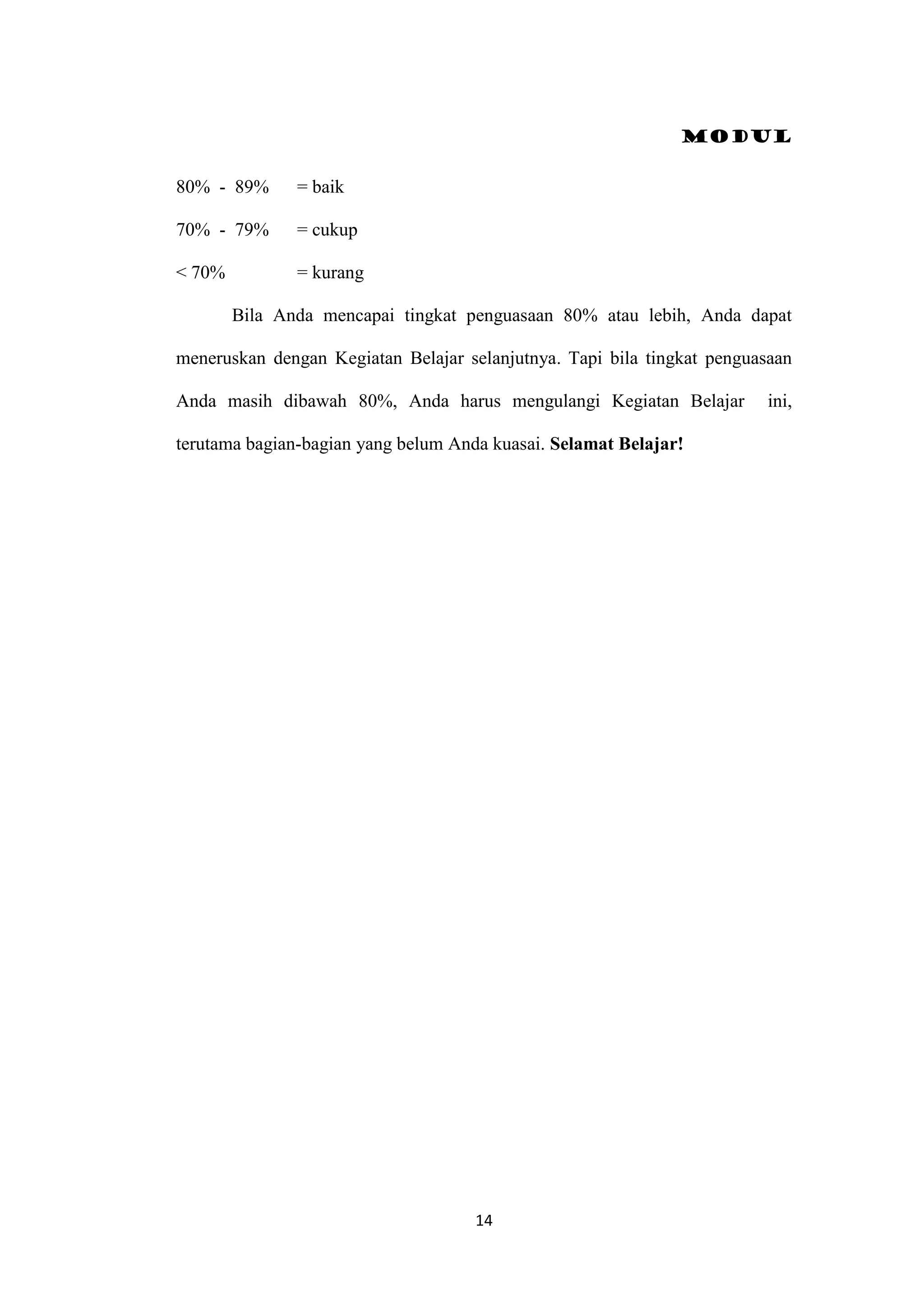 Modul
14
80% - 89% = baik
70% - 79% = cukup
< 70% = kurang
Bila Anda mencapai tingkat penguasaan 80% atau lebih, Anda dapat
meneruskan dengan Kegiatan Belajar selanjutnya. Tapi bila tingkat penguasaan
Anda masih dibawah 80%, Anda harus mengulangi Kegiatan Belajar ini,
terutama bagian-bagian yang belum Anda kuasai. Selamat Belajar!
 