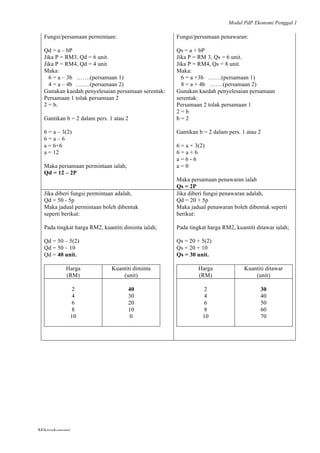 Modul PdP Ekonomi Penggal 1
	
  
Mikroekonomi
19	
  
Fungsi/persamaan permintaan:
Qd = a – bP
Jika P = RM3, Qd = 6 unit.
Jika P = RM4, Qd = 4 unit
Maka:
6 = a – 3b …….(persamaan 1)
4 = a – 4b ……..(persamaan 2)
Gunakan kaedah penyelesaian persamaan serentak:
Persamaan 1 tolak persamaan 2
2 = b.
Gantikan b = 2 dalam pers. 1 atau 2
6 = a – 3(2)
6 = a – 6
a = 6+6
a = 12
Maka persamaan permintaan ialah;
Qd = 12 – 2P
Fungsi/persamaan penawaran:
Qs = a + bP
Jika P = RM 3, Qs = 6 unit.
Jika P = RM4, Qs = 8 unit.
Maka:
6 = a +3b …….(persamaan 1)
8 = a + 4b …….(persamaan 2)
Gunakan kaedah penyelesaian persamaan
serentak:
Persamaan 2 tolak persamaan 1
2 = b
b = 2
Gantikan b = 2 dalam pers. 1 atau 2
6 = a + 3(2)
6 = a + 6
a = 6 - 6
a = 0
Maka persamaan penawaran ialah
Qs = 2P
Jika diberi fungsi permintaan adalah,
Qd = 50 - 5p
Maka jadual permintaan boleh dibentuk
seperti berikut:
Pada tingkat harga RM2, kuantiti diminta ialah;
Qd = 50 – 5(2)
Qd = 50 – 10
Qd = 40 unit.
Harga
(RM)
Kuantiti diminta
(unit)
2
4
6
8
10
40
30
20
10
0
Jika diberi fungsi penawaran adalah,
Qd = 20 + 5p
Maka jadual penawaran boleh dibentuk seperti
berikut:
Pada tingkat harga RM2, kuantiti ditawar ialah;
Qs = 20 + 5(2)
Qs = 20 + 10
Qs = 30 unit.
Harga
(RM)
Kuantiti ditawar
(unit)
2
4
6
8
10
30
40
50
60
70
 