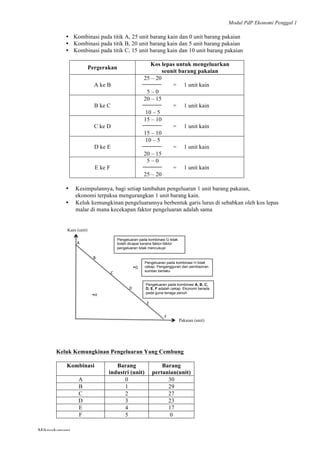 Modul PdP Ekonomi Penggal 1
	
  
Mikroekonomi
4	
  
Ÿ Kombinasi pada titik A, 25 unit barang kain dan 0 unit barang pakaian
Ÿ Kombinasi pada titik B, 20 unit barang kain dan 5 unit barang pakaian
Ÿ Kombinasi pada titik C, 15 unit barang kain dan 10 unit barang pakaian
Pergerakan
Kos lepas untuk mengeluarkan
seunit barang pakaian
25 – 20
A ke B = 1 unit kain
5 – 0
20 – 15
B ke C = 1 unit kain
10 – 5
15 – 10
C ke D = 1 unit kain
15 – 10
10 – 5
D ke E = 1 unit kain
20 – 15
5 – 0
E ke F = 1 unit kain
25 – 20
• Kesimpulannya, bagi setiap tambahan pengeluaran 1 unit barang pakaian,
ekonomi terpaksa mengurangkan 1 unit barang kain.
• Keluk kemungkinan pengeluarannya berbentuk garis lurus di sebabkan oleh kos lepas
malar di mana kecekapan faktor pengeluaran adalah sama
Keluk Kemungkinan Pengeluaran Yang Cembung
Kombinasi Barang
industri (unit)
Barang
pertanian(unit)
A 0 30
B 1 29
C 2 27
D 3 23
E 4 17
F 5 0
A"
C"
B"
D"
E"
F"
Pakaian (unit)
Kain (unit)
!H"
!G"
Pengeluaran pada kombinasi A, B, C,
D, E, F adalah cekap. Ekonomi berada
pada guna tenaga penuh!
Pengeluaran pada kombinasi H tidak
cekap. Pengangguran dan pembaziran
sumber berlaku!
Pengeluaran pada kombinasi G tidak
boleh dicapai kerana faktor-faktor
pengeluaran tidak mencukupi!
 