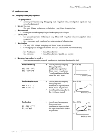 Modul PdP Ekonomi Penggal 1
	
  
Mikroekonomi
47	
  
3.3. Kos Pengeluaran
3.3.1 Kos pengeluran jangka pendek
1. Kos pengeluaran
• Jumlah perbelanjaan yang ditanggung oleh pengeluar untuk mendapatkan input dan bagi
mengeluarkan output.
2. Kos perakaunan
• Kos yang dibayar berdasarkan perbelanjaan yang dibuat oleh pengeluar.
3. Kos ekonomi
• Gabungan antara kos yang dibayar dan kos yang tidak dibayar.
4. Kos eksplisit
• Kos yang dibayar atau perbelanjaan yang dibuat oleh pengeluar untuk mendapatkan faktor
pengeluaran.
• Sewa bangunan, upah buruh dan kos untuk mendapat bahan mentah.
5. Kos implisit
• Kos yang tidak dibayar oleh pengeluar dalam proses pengeluaran.
• Contoh pengeluar menggunakan tapak miliknya sendiri untuk pembinaan kilang.
Kos Perakaunan = Jumlah kos eksplisit
Kos Ekonomi = Jumlah kos eksplisit + jumlah kos implisit
6. Kos pengeluaran jangka pendek
• Perbelanjaan yang dibayar untuk mendapatkan input tetap dan input berubah.
Jumlah kos tetap
TFC = TC – TVC
TFC = AFC x Q
• Jumlah perbelanjaan yang
ditanggung untuk
mendapatkan input tetap
dalam proses pengeluaran.
• Contohnya ialah pembelian
mesin dan sewa tapak
Kos (RM)
Jumlah kos berubah
TVC = TC – TFC
TVC = AVC x Q
• Jumlah perbelanjaan yang
ditanggung untuk
mendapatkan input berubah
dalam proses pengeluaran.
• Contohnya ialah upah buruh
dan beli bahan mentah
Kos (RM)
Jumlah kos
TC = TFC + TVC
TC = AC x Q
• Jumlah perbelanjaan yang
ditanggung untuk
mendapatkan input berubah
dan input tetap dalam proses
pengeluaran.
Kos (RM)
TFC
TVC
TVC
Keluaran (unit)
Keluaran (unit)
0
0
Keluaran (unit)
0
TC
TFC
 