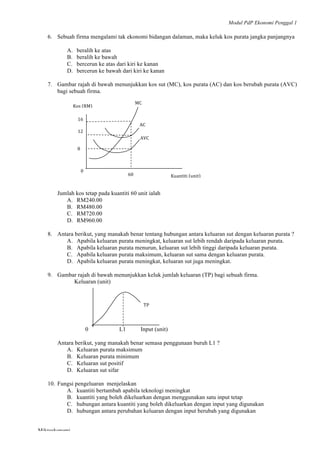 Modul PdP Ekonomi Penggal 1
	
  
Mikroekonomi
57	
  
6. Sebuah firma mengalami tak ekonomi bidangan dalaman, maka keluk kos purata jangka panjangnya
A. beralih ke atas
B. beralih ke bawah
C. bercerun ke atas dari kiri ke kanan
D. bercerun ke bawah dari kiri ke kanan
7. Gambar rajah di bawah menunjukkan kos sut (MC), kos purata (AC) dan kos berubah purata (AVC)
bagi sebuah firma.
Jumlah kos tetap pada kuantiti 60 unit ialah
A. RM240.00
B. RM480.00
C. RM720.00
D. RM960.00
8. Antara berikut, yang manakah benar tentang hubungan antara keluaran sut dengan keluaran purata ?
A. Apabila keluaran purata meningkat, keluaran sut lebih rendah daripada keluaran purata.
B. Apabila keluaran purata menurun, keluaran sut lebih tinggi daripada keluaran purata.
C. Apabila keluaran purata maksimum, keluaran sut sama dengan keluaran purata.
D. Apabila keluaran purata meningkat, keluaran sut juga meningkat.
9. Gambar rajah di bawah menunjukkan keluk jumlah keluaran (TP) bagi sebuah firma.
Keluaran (unit)
0 L1 Input (unit)
Antara berikut, yang manakah benar semasa penggunaan buruh L1 ?
A. Keluaran purata maksimum
B. Keluaran purata minimum
C. Keluaran sut positif
D. Keluaran sut sifar
10. Fungsi pengeluaran menjelaskan
A. kuantiti bertambah apabila teknologi meningkat
B. kuantiti yang boleh dikeluarkan dengan menggunakan satu input tetap
C. hubungan antara kuantiti yang boleh dikeluarkan dengan input yang digunakan
D. hubungan antara perubahan keluaran dengan input berubah yang digunakan
MC	
  
AC	
  
AVC	
  
TP	
  
16	
  
12	
  
8	
  
0	
  
Kuantiti	
  (unit)	
  
Kos	
  (RM)	
  
60	
  
 