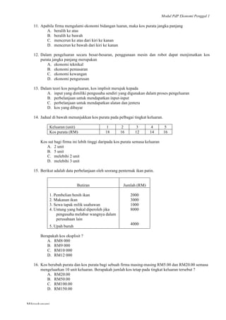 Modul PdP Ekonomi Penggal 1
	
  
Mikroekonomi
58	
  
11. Apabila firma mengalami ekonomi bidangan luaran, maka kos purata jangka panjang
A. beralih ke atas
B. beralih ke bawah
C. mencerun ke atas dari kiri ke kanan
D. mencerun ke bawah dari kiri ke kanan
12. Dalam pengeluaran secara besar-besaran, penggunaan mesin dan robot dapat menjimatkan kos
purata jangka panjang merupakan
A. ekonomi teknikal
B. ekonomi pemasaran
C. ekonomi kewangan
D. ekonomi pengurusan
13. Dalam teori kos pengeluaran, kos implisit merujuk kepada
A. input yang dimiliki pengusaha sendiri yang digunakan dalam proses pengeluaran
B. perbelanjaan untuk mendapatkan input-input
C. perbelanjaan untuk mendapatkan alatan dan jentera
D. kos yang dibayar
14. Jadual di bawah menunjukkan kos purata pada pelbagai tingkat keluaran.
Keluaran (unit) 1 2 3 4 5
Kos purata (RM) 18 16 12 14 16
Kos sut bagi firma ini lebih tinggi daripada kos purata semasa keluaran
A. 2 unit
B. 5 unit
C. melebihi 2 unit
D. melebihi 3 unit
15. Berikut adalah data perbelanjaan oleh seorang penternak ikan patin.
Butiran Jumlah (RM)
1. Pembelian benih ikan
2. Makanan ikan
3. Sewa tapak milik usahawan
4. Untung yang bakal diperoleh jika
pengusaha melabur wangnya dalam
perusahaan lain
5. Upah buruh
2000
3000
1000
8000
4000
Berapakah kos eksplisit ?
A. RM8 000
B. RM9 000
C. RM10 000
D. RM12 000
16. Kos berubah purata dan kos purata bagi sebuah firma masing-masing RM5.00 dan RM20.00 semasa
mengeluarkan 10 unit keluaran. Berapakah jumlah kos tetap pada tingkat keluaran tersebut ?
A. RM20.00
B. RM50.00
C. RM100.00
D. RM150.00
 