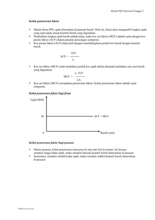 Modul PdP Ekonomi Penggal 1
	
  
Mikroekonomi
84	
  
Keluk penawaran faktor
• Dalam firma PPS, upah ditentukan di pasaran buruh. Oleh itu, firma akan mengambil tingkat upah
yang sama pada setiap kuantiti buruh yang digunakan.
• Disebabkan tingkat upah buruh adalah tetap, maka kos sut faktor (MCF) adalah sama dengan kos
purata faktor (ACF) dalam pasaran persaingan sempurna.
• Kos purata faktor (ACF) diperoleh dengan membahagikan jumlah kos buruh dengan kuantiti
buruh.
TCF
ACF =
L
• Kos sut faktor (MCF) ialah tambahan jumlah kos upah akibat daripada tambahan satu unit buruh
yang digunakan.
r TCF
MCF =
rL
• Kos sut faktor (MCF) merupakan penawaran faktor. Keluk penawaran faktor adalah anjal
sempurna.
Keluk penawaran faktor bagi firma
Upah (RM)
W ACF = MCF
0 Buruh (unit)
Keluk penawaran faktor bagi pasaran
• Dalam pasaran, keluk penawaran mencerun ke atas dari kiri ke kanan. Ini kerana,
semakin tinggi kadar upah, maka semakin banyak kuantiti buruh ditawarkan di pasaran
• Sementara, semakin rendah kadar upah, maka semakin sedikit kuantiti buruh ditawarkan
di pasaran
 