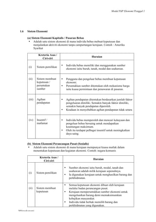 Modul PdP Ekonomi Penggal 1
	
  
Mikroekonomi
9	
  
1.6 Sistem Ekonomi
(a) Sistem Ekonomi Kapitalis / Pasaran Bebas
• Adalah satu sistem ekonomi di mana individu bebas mebuat keputusan dan
menjalankan aktiviti ekonomi tanpa campurtangan kerajaan. Contoh : Amerika
Syarikat
Kreteria Asas /
Ciri-ciri
Huraian
(i) Sistem pemilikan
• Individu bebas memiliki dan menggunakan sumber
ekonomi iaitu buruh, tanah, modal dan usahawan.
(ii) Sistem membuat
keputusan /
peruntukan
sumber
• Pengguna dan pengeluar bebas membuat keputusan
ekonomi.
• Peruntukkan sumber ditentukan oleh mekanisme harga
iaitu kuasa permintaan dan penawaran di pasaran.
(iii) Agihan
pendapatan
• Agihan pendapatan ditentukan berdasarkan jumlah faktor
pengeluaran dimiliki. Semakin banyak faktor dimiliki,
semakin banyak pendapatan diperoleh.
• Keadaan in menyebabkan agihan pendapatan tidak setara
(iv) Insentif /
matlamat
• Individu bebas memperoleh dan mencari kekayaan dan
pengeluar bebas bersaing untuk mendapatkan
keuntungan maksimum.
• Oleh itu terdapat pelbagai insentif untuk meningkatkan
daya saing.
(b) Sistem Ekonomi Perancangan Pusat (Sosialis)
• Adalah satu sistem ekonomi di mana kerajaan mempunyai kuasa mutlak dalam
menentukan keputusan dan kegiatan ekonomi. Contoh: negara komunis
Kreteria Asas /
Ciri-ciri
Huraian
(i) Sistem pemilikan
• Sumber ekonomi iaitu buruh, modal, tanah dan
usahawan adalah milik kerajaan sepenuhnya.
• Ia digunakan kerajaan untuk menghasilkan barang dan
perkhidmatan.
(ii) Sistem membuat
keputusan
• Semua keputusan ekonomi dibuat oleh kerajaan
melalui badan perancangan pusat.
• Kerajaan memperuntukkan sumber ekonomi untuk
mengeluarkan barang demi memaksimumkan
kebajikan masyarakat.
• Individu tidak berhak memilih barang dan
perkhidmatan yang digunakan.
 