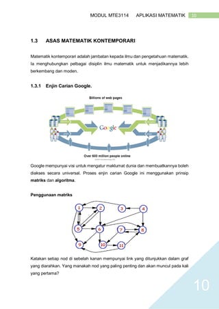 10MODUL MTE3114 APLIKASI MATEMATIK
10
1.3 ASAS MATEMATIK KONTEMPORARI
Matematik kontemporari adalah jambatan kepada ilmu dan pengetahuan matematik.
Ia menghubungkan pelbagai disiplin ilmu matematik untuk menjadikannya lebih
berkembang dan moden.
1.3.1 Enjin Carian Google.
Google mempunyai visi untuk mengatur maklumat dunia dan membuatkannya boleh
diakses secara universal. Proses enjin carian Google ini menggunakan prinsip
matriks dan algoritma.
Penggunaan matriks
Katakan setiap nod di sebelah kanan mempunyai link yang ditunjukkan dalam graf
yang diarahkan. Yang manakah nod yang paling penting dan akan muncul pada kali
yang pertama?
 