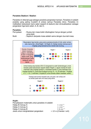 110MODUL MTE3114 APLIKASI MATEMATIK
110
Paradoks Stadium / Stadion
Paradoks ini dikenali juga sebagai paradoks pergerakan barisan. Paradoks ini adalah
pradoks yang paling mustahil di antara semua Paradoks Zeno. Paradoks ini
melibatkan kedudukan baris selari (seperti di stadium) dan divisualisasikan sebagai
pergerakan tiga baris selari, A, B, dan C.
Paradoks:
Pernyataan : Ruang dan masa boleh dibahagikan hanya dengan jumlah
yang pasti.
Bukti : Separuh daripada masa adalah sama dengan dua kali masa.
Hujah:
Penyelesaian matematik untuk paradoks ini adalah:
Halaju B menuju A = 𝑠 𝑚𝑠−1
Halaju C menuju A = 𝑠 𝑚𝑠−1
Halaju C menuju B = 2𝑠 𝑚𝑠−1
Jarak untuk menghabiskan pergerakan = 2𝐷 𝑚 (2 kereta / unit)
 