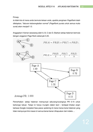 12MODUL MTE3114 APLIKASI MATEMATIK
12
Prinsip:
Ia tidak kira di mana anda bermula tekaan anda, apabila pengiraan PageRank telah
ditetapkan, "taburan kebarangkalian normal" (PageRank purata untuk semua muka
surat) akan menjadi 1.0.
Anggapkan 4 laman sesawang ialah A, B, C dan D. Biarkan setiap halaman bermula
dengan anggaran Page Rank sebanyak 0.25.
Pemerhatian: setiap halaman mempunyai sekurang-kurangnya PR 0.15 untuk
berkongsi keluar. Tetapi ini hanya mungkin dalam teori - terdapat khabar angin
bahawa Google menjalani fasa pasca spidering di mana mana-mana halaman yang
tidak mempunyai link masuk di semua benar-benar dihapuskan dari indeks ...
 