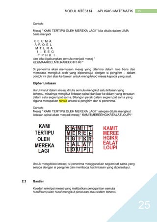 25MODUL MTE3114 APLIKASI MATEMATIK
25
Contoh:
Mesej “ KAMI TERTIPU OLEH MEREKA LAGI ” bila ditulis dalam LIMA
baris menjadi
K E U M A
A R O E L
M T L R A
I I E E G
T P H K I
dan bila digabungkan semula menjadi mesej “
KEUMAAROELMTLRAIIEEGTPHKI “
Si penerima akan menyusun mesej yang diterima dalam lima baris dan
membaca mengikut arah yang dipersetujui dengan si pengirim – dalam
contoh ini dari atas ke bawah untuk mengdekod mesej kepada yang asal.
Cipher Lintasan
Huruf-huruf dalam mesej ditulis semula mengikut satu lintasan yang
tertentu, misalnya mengikut lintasan spiral dari luar ke dalam yang tersusun
dalam satu segiempat sama. Bilangan petak dalam segiempat sama yang
diguna merupakan rahsia antara si pengirim dan si penerima.
Contoh:
Mesej “ KAMI TERTIPU OLEH MEREKA LAGI “ selepas ditulis mengikut
lintasan spiral akan menjadi mesej “ KAMITMEREEHGIKREALATLOUPI “
Untuk mengdekod mesej, si penerima menggunakan segiempat sama yang
serupa dengan si pengirim dan membaca ikut lintasan yang dipersetujui.
2.3 Gantian
Kaedah enkripsi mesej yang melibatkan penggantian semula
huruf/kumpulan huruf mengikut peraturan atau sistem tertentu
 