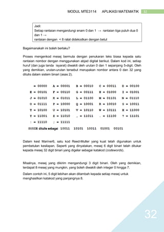 32MODUL MTE3114 APLIKASI MATEMATIK
32
Jadi:
Setiap rantaian mengandungi enam 0 dan 1 → rantaian tiga puluh dua 0
dan 1 →
rantaian dengan < 8 ralat didekodkan dengan betul
Bagaimanakah ini boleh berlaku?
Proses mengenkod mesej bermula dengan penukaran teks biasa kepada satu
rantaian nombor dengan menggunakan abjad digital berikut. Dalam kod ini, setiap
huruf (dan juga tanda isyarat) diwakili oleh urutan 0 dan 1 sepanjang 5-digit. Oleh
yang demikian, urutan-urutan tersebut merupakan nombor antara 0 dan 32 yang
ditulis dalam sistem binari (asas 2).
Dalam kest Mariner6, satu kod Reed-Muller yang kuat telah digunakan untuk
pembetulan kesilapan. Seperti yang dinyatakan, mesej 6 digit binari telah ditukar
kepada mesej 32 digit binari yang digelar sebagai katakod (codewords).
Misalnya, mesej yang dikirim mengandungi 3 digit binari. Oleh yang demikian,
terdapat 8 mesej yang mungkin, yang boleh diwakili oleh integer 0 hingga 7.
Dalam contoh ini, 5 digit lebihan akan ditambah kepada setiap mesej untuk
menghasilkan katakod yang panjangnya 8.
 