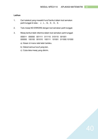 40MODUL MTE3114 APLIKASI MATEMATIK
40
Latihan
1. Cari katakod yang mewakili huruf berikut dalam kod semakan
pariti tunggal di atas : J , L , Q , S , G , X.
2. Tulis mesej NO ERRORS dengan kod semakan pariti tunggal.
3. Mesej berikut telah diterima dalam kod semakan pariti tunggal:
000011 000000 001111 011110 010110 001001
000000 100100 001010 100111 101001 011000 101000
a) Kesan di mana ralat telah berlaku.
b) Dekod semua huruf yang lain.
c) Cuba teka mesej yang dikirim.
 