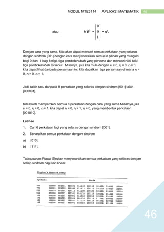46MODUL MTE3114 APLIKASI MATEMATIK
46
atau H RT
=










1
0
0
= sT
.
Dengan cara yang sama, kita akan dapat mencari semua perkataan yang selaras
dengan sindrom [001] dengan cara menyenaraikan semua 8 pilihan yang mungkin
bagi 0 dan 1 bagi ketiga-tiga pembolehubah yang pertama dan mencari nilai baki
tiga pembolehubah tersebut. Misalnya, jika kita mula dengan r1 = 0, r2 = 0, r3 = 0,
kita dapat lihat daripada persamaan ini, kita dapatkan tiga persamaan di mana r4 =
0, r5 = 0, r6 = 1.
Jadi salah satu daripada 8 perkataan yang selaras dengan sindrom [001] ialah
[000001].
Kita boleh memperolehi semua 8 perkataan dengan cara yang sama.Misalnya, jika
r1 = 0, r2 = 0, r3 = 1, kita dapat r4 = 0, r5 = 1, r6 = 0, yang membentuk perkataan
[001010].
Latihan
1. Cari 6 perkataan lagi yang selaras dengan sindrom [001].
2. Senaraikan semua perkataan dengan sindrom
a) [010].
b) [111].
Tatasusunan Piawai Slepian menyenaraikan semua perkataan yang selaras dengan
setiap sindrom bagi kod linear.
 