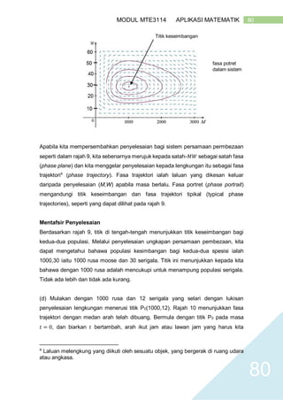 80MODUL MTE3114 APLIKASI MATEMATIK
80
Apabila kita mempersembahkan penyelesaian bagi sistem persamaan permbezaan
seperti dalam rajah 9, kita sebenarnya merujuk kepada satah-𝑀𝑊 sebagai satah fasa
(phase plane) dan kita menggelar penyelesaian kepada lengkungan itu sebagai fasa
trajektori4
(phase trajectory). Fasa trajektori ialah laluan yang dikesan keluar
daripada penyelesaian (M,W) apabila masa berlalu. Fasa portret (phase portrait)
mengandungi titik keseimbangan dan fasa trajektori tipikal (typical phase
trajectories), seperti yang dapat dilihat pada rajah 9.
Mentafsir Penyelesaian
Berdasarkan rajah 9, titik di tengah-tengah menunjukkan titik keseimbangan bagi
kedua-dua populasi. Melalui penyelesaian ungkapan persamaan pembezaan, kita
dapat mengetahui bahawa populasi kesimbangan bagi kedua-dua spesisi ialah
1000,30 iaitu 1000 rusa moose dan 30 serigala. Titik ini menunjukkan kepada kita
bahawa dengan 1000 rusa adalah mencukupi untuk menampung populasi serigala.
Tidak ada lebih dan tidak ada kurang.
(d) Mulakan dengan 1000 rusa dan 12 serigala yang selari dengan lukisan
penyelesaian lengkungan menerusi titik P0(1000,12). Rajah 10 menunjukkan fasa
trajektori dengan medan arah telah dibuang. Bermula dengan titik P0 pada masa
𝑡 = 0, dan biarkan 𝑡 bertambah, arah ikut jam atau lawan jam yang harus kita
4
Laluan melengkung yang diikuti oleh sesuatu objek, yang bergerak di ruang udara
atau angkasa.
fasa potret
dalam sistem
Titik keseimbangan
 