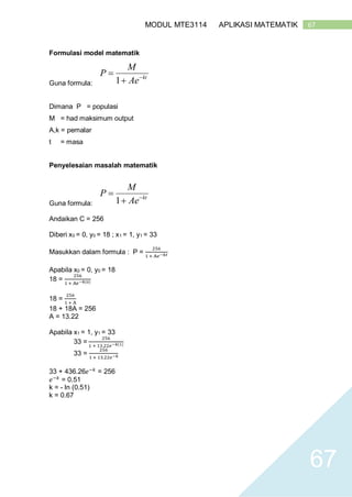 67MODUL MTE3114 APLIKASI MATEMATIK
67
Formulasi model matematik
Guna formula: 1 kt
M
P
Ae


Dimana P = populasi
M = had maksimum output
A,k = pemalar
t = masa
Penyelesaian masalah matematik
Guna formula: 1 kt
M
P
Ae


Andaikan C = 256
Diberi x0 = 0, y0 = 18 ; x1 = 1, y1 = 33
Masukkan dalam formula : P =
256
1 + A𝑒−𝑘𝑡
Apabila x0 = 0, y0 = 18
18 =
256
1 + A𝑒−𝑘(0)
18 =
256
1 + A
18 + 18A = 256
A = 13.22
Apabila x1 = 1, y1 = 33
33 =
256
1 + 13.22𝑒−𝑘(1)
33 =
256
1 + 13.22𝑒−𝑘
33 + 436.26𝑒−𝑘
= 256
𝑒−𝑘
= 0.51
k = - ln (0.51)
k = 0.67
 