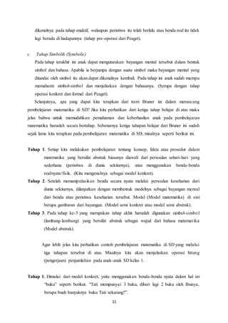 11
dikenalnya pada tahap enaktif, walaupun peristiwa itu telah berlalu atau benda real itu tidak
lagi berada di hadapannya (tahap pre-operasi dari Peaget).
c. Tahap Simbolik (Symbolic)
Pada tahap terakhir ini anak dapat mengutarakan bayangan mental tersebut dalam bentuk
simbol dan bahasa. Apabila ia berjumpa dengan suatu simbol maka bayangan mental yang
ditandai oleh simbol itu akan dapat dikenalnya kembali. Pada tahap ini anak sudah mampu
memahami simbol-simbol dan menjelaskan dengan bahasanya. (Serupa dengan tahap
operasi konkret dan formal dari Peaget).
Selanjutnya, apa yang dapat kita terapkan dari teori Bruner ini dalam merancang
pembelajaran matematika di SD? Jika kita perhatikan dari ketiga tahap belajar di atas maka
jelas bahwa untuk memudahkan pemahaman dan keberhasilan anak pada pembelajaran
matematika haruslah secara bertahap. Sebenarnya ketiga tahapan belajar dari Bruner ini sudah
sejak lama kita terapkan pada pembelajaran matematika di SD, misalnya seperti berikut ini.
Tahap 1. Setiap kita melakukan pembelajaran tentang konsep, fakta atau prosedur dalam
matematika yang bersifat abstrak biasanya diawali dari persoalan sehari-hari yang
sederhana (peristiwa di dunia sekitarnya), atau menggunakan benda-benda
real/nyata/fisik. (Kita mengenalnya sebagai model konkret).
Tahap 2. Setelah memanipulasikan benda secara nyata melalui persoalan keseharian dari
dunia sekitarnya, dilanjutkan dengan membentuk modelnya sebagai bayangan mental
dari benda atau peristiwa keseharian tersebut. Model (Model matematika) di sini
berupa gambaran dari bayangan. (Model semi konkret atau model semi abstrak).
Tahap 3. Pada tahap ke-3 yang merupakan tahap akhir haruslah digunakan simbol-simbol
(lambang-lambang) yang bersifat abstrak sebagai wujud dari bahasa matematika
(Model abstrak).
Agar lebih jelas kita perhatikan contoh pembelajaran matematika di SD yang melalui
tiga tahapan tersebut di atas. Misalnya kita akan menjelaskan operasi hitung
(pengerjaan) penjumlahan pada anak-anak SD kelas 1.
Tahap 1, Dimulai dari model konkret, yaitu menggunakan benda-benda nyata dalam hal ini
“buku” seperti berikut. “Tati mempunyai 3 buku, diberi lagi 2 buku oleh Ibunya,
berapa buah banyaknya buku Tati sekarang?”.
 