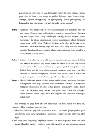 19
persegipanjang bahwa dua sisi yang berhadapan sejajar dan sama panjang. Namun,
pada tahap ini siswa belum mampu mengetahui hubungan antara konsepkonsep.
Misalnya, apakah persegipanjang itu jajarangenjang, apakah jajarangenjang itu
bujursangkar atau bujursangkar (persegi) itu adalah persegi panjang?
Tahap 3. Pengurutan. Pada tahap ke tiga ini, siswa sudah mengenal dan memahami sifat-sifat
satu bangun Geometri serta sudah dapat mengurutkan bangun-bangun Geometri
yang satu dengan lainnya saling berhubungan. Misalnya ia telah mengenal bahwa
bujursangkar itu adalah jajarangenjang, bahwa jajarangenjang adalah trapesium,
bahwa kubus adalah balok. Walaupun kegiatan pada tahap ini berpikir secara
deduktifnya belum berkembang tetapi baru mulai. Pada tabap ini sudah mengenal
bahwa ke dua diagonal persegipanjang adalah sama panjangnya, tetapi mungkin ia
belum mampu menjelaskannya.
Tahap 4. Deduksi. Pada tahap ini, siswa telah mampu menarik kesimpulan secara deduktif,
yaitu menarik kesimpulan yang bersifat umum dan menuju ke hal-hal yang bersifat
khusus. Siswa sudah mulai memahami perlunya mengambil kesimpulan secara
deduktif. Pada tahap ini siswa sudah memahami pentingnya unsur-unsur yang tidak
didefinisikan, aksioma atau postulat, dan dalil atau teorema, tetapi ia belum bisa
mengerti mengapa sesuatu itu dijadikan postulat atau dijadikan dalil.
Tahap 5. Akurasi. Pada tahap kelima ini siswa sudah mulai menyadari pentingnya ketepatan
prinsip-prinsip dasar yang melandasi suatu pembuktian. Misalnya ia mengetahui
pentingnya aksiomaaksioma atau postulat-postulat dari geometri Euclid. Tahap
berpikir ini merupakan tahap berpikir yang paling tinggi, rumit dan kompleks,
karena itu tahap akurasi (rigor) ini di luar jangkauan usia anak-anak SD sampai
tingkat SMP.
Ada beberapa hal yang dapat kita tarik manfaatnya dari teori belajar Van Hiele ini,
khususnya dalam pengajaran geometri, yaitu:
a. Perlu adanya kombinasi yang baik antara waktu, materi, dan metode yang digunakan pada
tahap tertentu untuk dapat meningkatkan kemampuan berpikir siswa ke tahap yang lebih
tinggi.
b. Dua orang anak yang tahap berpikirnya berbeda dan bertukar pikiran maka satu sama
lainnya tidak akan mengerti. Misalnya, siswa tidak mengerti apa yang dikatakan gurunya
 