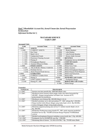 Modul Komputer Akuntansi Menggunakan MYOB Accounting 85
Soal 7 (Buatlahlah Account list, Jurnal Umum dan Jurnal Penyesuaian
berdasarkan
Informasi berikut ini !)
MATAHARI SERVICE
TAHUN 2007
Account List:
Code Account Name Code Account Name
1-0000 ASSETS 3-0000 EQUITY
1-1000 CURRENT ASSETS 3-1200 Modal Matahari
1- 1101 Kas Tunai 3-8000 Laba Ditahan
1- 1102 Bank LALA 3-9000 Laba Periode Berjalan
1- 1198 Undeposited Funds 3-9999 History Saldo Account
1- 1199 Electronic Cleaning Account 4-0000 REVENUE
1- 1201 Piutang X 4-1000 Pendapatan Service KOMPOR
1- 1301 Perlengkapan Reparasi 5-0000 COST OF SALES
1- 1401 Asuransi Dibayar di Muka 6-0000 EXPENSES
1-2000 FIXED ASSETS 6-1002 Beban Sewa Toko
1-2100 NILAI BUKU PERALT SERVIS 6-1003 Beban Asuransi
1-2101 Peralatan Service 6-1004 Beban Perlengkapan Reparasi
1-2102 Akum Penyust Peralt Service 6-1005 Beban Penyust Peralt Reparasi
2-0000 LIABILITIES 6-1006 Beban Gaji Karyawan
2-1000 CURRENT LIABILITIES 6-1999 Beban Iklan
2-1102 Hutang Y 8-0000 PEND DILUAR USAHA
2-2000 LONG TERM LIABILITY 8-1000 Pendapatan Bunga
2-2100 Hutang PT. ABC 9-0000 BEBAN DILUAR USAHA
9-1000 Beban Bunga
Transaksi:
TANGGAL TRANSAKSI
1-1-2007 Setoran awal dari pemilik Rp. 5000.000 (Bank Lala)
2-1-2007 Membayar premi asuransi untuk jangka waktu satu tahun berjumlah Rp
480.000, - dengan mengeluarkan cek Bank Lala. Asuransi di PT.
KEBANGKITAN BANGSA.
3-1-2007 Membayar sewa bulanan Rp. 400.000 (Bank LALA)
4-1-2007 Membeli peralatan servis dari perusahaan PT. ABC seharga Rp 3.200.000,-.
Harga tersebut telah dibayar dengan uang muka bank LALA Rp 200.000,-
sisanya dianggap sebagai utang jangka panjang.
5-1-2007 Menerima angsuran piutang atas service X melalui transfer Bank LALA
Rp. 800.000
4-1-2007 Melakukan Pembayaran utang kepada PT. ABC untuk angsuran pembelian
Peralatan Service Rp. 750.000 (termasuk Bunga Pinjaman 50.000)(Bank
LALA)
6-1-2007 Membeli perlengkapan Reparasi tambahan secara kredit dari Y Rp. 600.000
14-1-2007 Pendapatan Service KOMPOR tunai Rp. 1.200.000
19-1-2007 Memasang iklan di harian “ SUARA HATIKU” Rp. 750.000 tunai (Bank
 