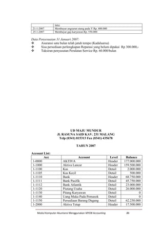 Modul Komputer Akuntansi Menggunakan MYOB Accounting 86
lala)
21-1-2007 Membayar angsuran utang pada Y Rp. 400.000
25-1-2007 Membayar gaji karyawan Rp. 550.000
Data Penyesuaian 31 Januari 2007:
 Asuransi satu bulan telah jatuh tempo (Kadaluarsa)
 Sisa persediaan perlengkapan Reparasi yang belum dipakai Rp 300.000,-
 Taksiran penyusutan Peralatan Service Rp. 60.000/bulan
Soal 8 (Buatlahlah Account list, Jurnal Umum dan Jurnal Penyesuaian
berdasarkan
Informasi berikut ini !)
UD MAJU MUNDUR
Jl. RASUNA SAID KAV. 231 MALANG
Telp (0341) 815313 Fax (0341) 435678
TAHUN 2007
Account List:
Acc Account Level Balance
1-0000 AKTIVA Header 177.000.000
1-1000 Aktiva Lancar Header 159.500.000
1-1100 Kas Detail 2.000.000
1-1105 Kas Kecil Detail 500.000
1-1110 Bank Header 68.750.000
1-1111 Bank Pasifik Detail 45.750.000
1-1112 Bank Atlantik Detail 23.000.000
1-1120 Piutang Usaha Detail 26.000.000
1-1130 Pitang Karyawan Detail 0
1-1140 Uang Muka Pada Pemasok Detail 0
1-1150 Persediaan Barang Dagang Detail 62.250.000
1-2000 Aktiva Tetap Header 17.500.000
 