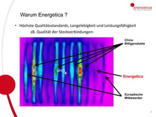 Warum Energetica ?

	
  
•  Höchste	
  Qualitätsstandards,	
  Langelebigkeit	
  und	
  Leistungsfähigkeit	
  	
  
	
  zB.	
  Qualität	
  der	
  Steckverbindungen:	
  
	
  	
  

China
Billigprodukte

Energetica

Europäische
Mitbewerber

9	
  

 