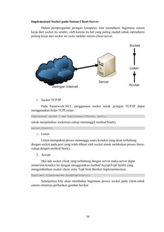 Implementasi Socket pada Sistem Client-Server 
Dalam pemprogaman jaringan komputer, kita memahami bagimana sistem 
kerja dari socket itu sendiri, oleh karena itu hal yang paling mudah untuk memahami 
prinsip kerja dari socket ini yaitu melalui sistem client-server. 
54 
1. Socket TCP/IP 
Pada framework.NET, penggunaan socket untuk jaringan TCP/IP dapat 
menggunakan kelas TCPListner. 
TcpListener server = new TcpListener(IPLocal, port); 
untuk menjalankan socketnya cukup memanggil method Start(), 
server.Start(); 
2. Listen 
Listen merupakan proses menunggu suatu koneksi yang akan terhubung 
dengan socket pada port yang telah dibuat oleh socket.untuk melakukan proses listen, 
cukup dengan method Start(). 
3. Accept 
Jika ada socket client yang terhubung dengan server maka server dapat 
menerima koneksi ini dengan menggunakan method AcceptTcpClient() yang 
mengembalikan socket client yaitu TcpClient.Berikut implementasinya: 
TcpClient client=server.AccepTcpClient(); 
Selanjutnya kita akan membahas bagimana proses socket pada client.untuk 
sistem clientnya perhatikan gambar berikut 
 
