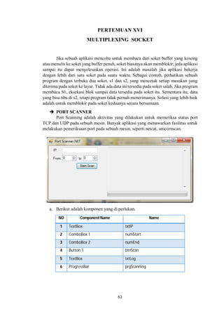 PERTEMUAN XVI 
MULTIPLEXING SOCKET 
Jika sebuah aplikasi mencoba untuk membaca dari soket buffer yang kosong 
atau menulis ke soket yang buffer penuh, soket biasanya akan memblokir; jeda aplikasi 
sampai itu dapat menyelesaikan operasi. Ini adalah masalah jika aplikasi bekerja 
dengan lebih dari satu soket pada suatu waktu. Sebagai contoh, perhatikan sebuah 
program dengan terbuka dua soket, s1 dan s2, yang mencetak setiap masukan yang 
diterima pada soket ke layar. Tidak ada data ini tersedia pada soket salah. Jika program 
membaca S1, eksekusi blok sampai data tersedia pada soket itu. Sementara itu, data 
yang bisa tiba di s2, tetapi program tidak pernah menerimanya. Solusi yang lebih baik 
adalah untuk memblokir pada soket keduanya secara bersamaan. 
63 
 PORT SCANNER 
Port Scanning adalah aktivitas yang dilakukan untuk memeriksa status port 
TCP dan UDP pada sebuah mesin. Banyak aplikasi yang menawarkan fasilitas untuk 
melakukan pemeriksaan port pada sebuah mesin, seperti netcat, unicornscan. 
a. Berikut adalah komponen yang di perlukan. 
NO Component Name Name 
1 TextBox txtIP 
2 ComboBox 1 numStart 
3 ComboBox 2 numEnd 
4 Button 1 btnScan 
5 TextBox txtLog 
6 ProgressBar prgScanning 
 