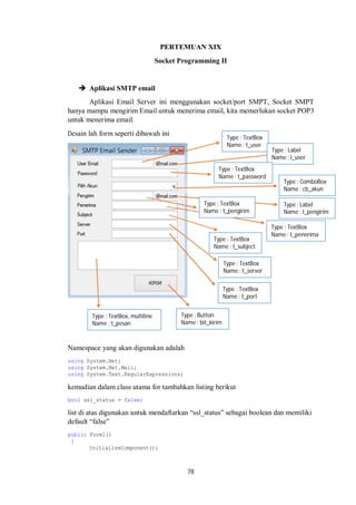 PERTEMUAN XIX 
Socket Programming II 
78 
 Aplikasi SMTP email 
Aplikasi Email Server ini menggunakan socket/port SMPT, Socket SMPT 
hanya mampu mengirim Email untuk menerima email, kita memerlukan socket POP3 
untuk menerima email. 
Desain lah form seperti dibawah ini 
Namespace yang akan digunakan adalah 
using System.Net; 
using System.Net.Mail; 
using System.Text.RegularExpressions; 
kemudian dalam class utama for tambahkan listing berikut 
bool ssl_status = false; 
list di atas digunakan untuk mendaftarkan “ssl_status” sebagai boolean dan memiliki 
default “false” 
public Form1() 
{ 
InitializeComponent(); 
Type : TextBox 
Name : t_user 
Type : Label 
Name : l_user 
Type : TextBox 
Name : t_password 
Type : ComboBox 
Name : cb_akun 
Type : Label 
Name : l_pengirim 
Type : TextBox 
Name : t_pengirim 
Type : TextBox 
Name : t_penerima 
Type : TextBox 
Name : t_subject 
Type : TextBox 
Name : t_server 
Type : TextBox 
Name : t_port 
Type : TextBox, multiline 
Name : t_pesan 
Type : Button 
Name : bit_kirim 
 