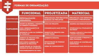 funcional
especialização
hierarquia
projetizada
organizada por projetos
baseada em projetos
matricial
Organizada com estrutura
funcional e projetizada
equipe se reporta a somente
um gerente funcional
Fácil gerenciamento de
especialistas
Definição clara da carreira
de trabalho
Gerente de projeto não
possui autoridade
Ambiente instável Conflito entre o projeto e a
área funcional
Não existe carreira de
gerente de projetos
Rotatividade de pessoas
em projetos
Mais difícil de controlar e
monitorar
Maior ênfase ao trabalho
técnico do que ao projeto
Perda de conhecimento Comunicação mais complicada
Desconhecimento do todo
FOCO NO PROJETO Equipes multidisciplinares
ComunicaÇÃo mais efetiva OtimizaÇÃo da utilizaÇÃo de
recursos
Gerente do projeto com
maior poder
Quando o projeto É finalizado,
a equipe É realocada
caracterização
vantagens
desvantagens
formas de organização
 
