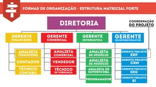 formas de organização - estrutura matricial forte
diretoria
analista
de negócio
analista
de negócio
gerente
financeiro
gerente
comercial
gerente
informática
gerenteescritório/projetos
analista
financeiro
técnico
contábil
contador
técnico
de cobrança
analista
comercial
vendedor
analista de
suporte/dba
programador
gerente projeto
ged
gerente projeto
erp
gerente projeto
crm
gerente projeto
bi
coordenação
do projeto
 
