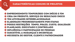 Características comuns de projetos
empreendimento temporário com início e fim1
2
3
4
5
6
7
8
9
Cria um produto, serviço ou resultado único
Tem atividades interrelacionadas
Elaborado progressivamente por etapas
Possui restrições tempo, prazo, custo, qualidade
Planejado, executado e controlado
Influência e participação de pessoas
Suscetível a mudanças e incertezas
Necessita de gestor, cliente e patrocinador
 