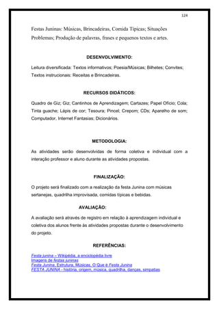 124


Festas Juninas: Músicas, Brincadeiras, Comida Típicas; Situações
Problemas; Produção de palavras, frases e pequenos textos e artes.


                             DESENVOLVIMENTO:

Leitura diversificada: Textos informativos; Poesia/Músicas; Bilhetes; Convites;
Textos instrucionais: Receitas e Brincadeiras.



                           RECURSOS DIDÁTICOS:

Quadro de Giz; Giz; Cantinhos de Aprendizagem; Cartazes; Papel Ofício; Cola;
Tinta guache; Lápis de cor; Tesoura; Pincel; Crepom; CDs; Aparelho de som;
Computador, Internet Fantasias; Dicionários.




                                METODOLOGIA:

As atividades serão desenvolvidas de forma coletiva e individual com a
interação professor e aluno durante as atividades propostas.



                                 FINALIZAÇÃO:

O projeto será finalizado com a realização da festa Junina com músicas
sertanejas, quadrilha improvisada, comidas típicas e bebidas.

                         AVALIAÇÃO:

A avaliação será através de registro em relação à aprendizagem individual e
coletiva dos alunos frente às atividades propostas durante o desenvolvimento
do projeto.

                                 REFERÊNCIAS:

Festa junina – Wikipédia, a enciclopédia livre
Imagens de festas juninas
Festa Junina, Estrutura, Músicas, O Que é Festa Junina
FESTA JUNINA - história, origem, música, quadrilha, danças, simpatias
 